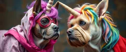 badly painted dressed up super dog vs unicorn looking confused in close up
