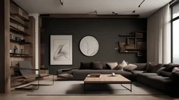 Loft minimalista, pe direito, sofa, paredes castanhas e pretas, madeira