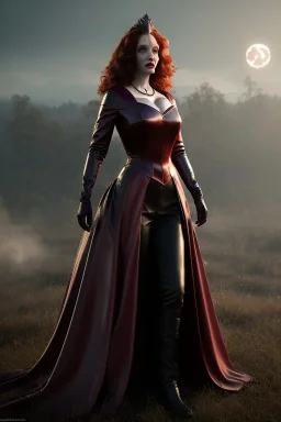 christina hendricks as evil queen in burgundy leather gown on a horse, angry, stern look, volumetric lighting, particales,highly detailed,cinematic, deep colours,8