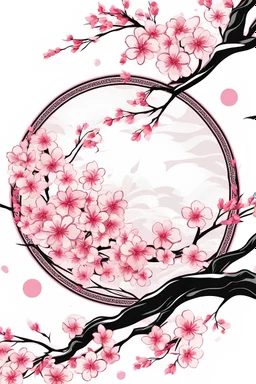 Stylized Emblem cherry blossom and folding fan, pink, black, white, RWBY animation style