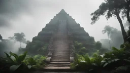 Photoreal magnificent low angle view of an enormous godlike mayan pyramid surrounded by a murky moat in a flora rich environment in morning mist y lee jeffries, otherworldly creature, in the style of fantasy movies, photorealistic, shot on Hasselblad h6d-400c, zeiss prime lens, bokeh like f/0.8, tilt-shift lens 8k, high detail, smooth render, unreal engine 5, cinema 4d, HDR, dust effect, vivid colors
