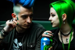 Un pareja punk, con crestas de colores azules y verdes beben unas latas de Coca Cola