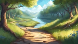 illustration {a scene showing a path next to a river in a fantasy idyllic} digital art, semi-realistic, fantasy, dreamscape