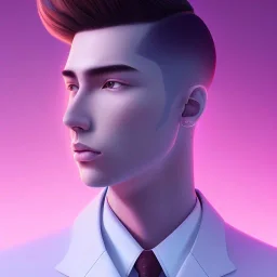 man, cute face, white highlight hair, brown eye, white, skin, purple suits, futuristic, science, purple, blue, pink background lighting, technology, profile, asian boy, square face, eye