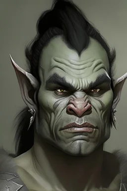 Portrait of an half-orc, grey skin, two large lower tusks, proud look, short dark hair