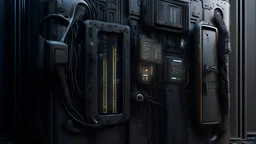 Futuristic black gadget door made with engine parts and wires dysoptia cyberage HAWKEN postapocalyptic dysoptia scene photorealistic uhd 8k VRAY highly detailed HDR
