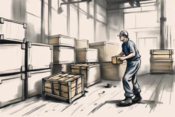 a swedish industry worker from sweden, very strong pushing a wooden crates and IBC along the floor in a factory, very basic sketch painting like the image i uploaded