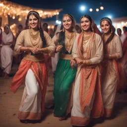 Hyper Realistic Traditional Pushto girls & women smiling & doing traditional dance & wearing traditional desi cloths at night in a cultural celebration with other people & lights