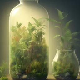 a glass jar terrarium filled with plants, highly detailed, digital art, sharp focus, trending on art station, 8k, high resolution.