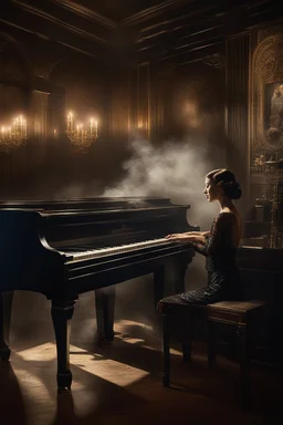 A woman playing a piano in a smoky bar from the 1930s. A nostalgic, moody atmosphere. The pianist is elegantly dressed. The lighting is dim and sultry, casting soft shadows across the room, highlighting the swirls of smoke and the reflective surface of the piano. The bar is adorned with Art Deco elements. The image is rich in texture and depth. The scene is captured as if through a Leica M3 camera for its timeless quality, with attention to the grain and tone of a high-speed film.