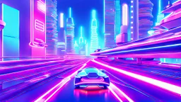 A futuristic cityscape at night with neon lights and flying cars.