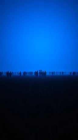 A field of random people at the end of the picture a blue dark background an object in a cinematic, 8k