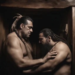 half figure shot photography of two angry gipsy 41 years old burly chubby ugly men embracing tightly from back, leaning forward, dreadlocks, shirtless, in a sauna full of steam, dim lights, side light, ambient occlusion,