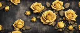 Hyper Realistic grungy multicolored yellow roses background with rustic black jeans texture & vignette effect