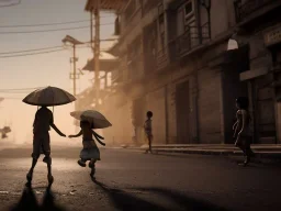 children playing on the indian street capture them against the sun and make an art silhouette, details, sharp, black and white 8k