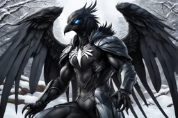 Symbiote Cyber crow in 8k anime realistic drawing style, black wings, close picture, snow, apocalypse, intricate details, highly detailed, high details, detailed portrait, masterpiece,ultra detailed, ultra quality