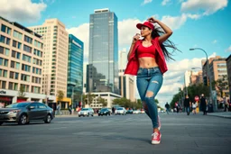 modern city wide street,pretty city scape at background ,blue sky nice cloudes, young beautiful ladys hip-hop dancing