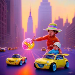 A one-year-old boy rides in the plastic funny toy-car on the middle of a busy street in new york. He has and a large-brimmed straw hat. somehow photographic bright colors and sunset, fantasy art, Anna Dittmann, digital painting, dan mumford, oil on canvas, jeff koons, akihito yoshida, wlop, kodachrome,