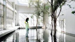 Woman in the foreground dressed in white in a bright white minimalist interior courtyard where the murmur of water whispers and the shadows of some leaves of nearby plants sway