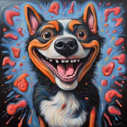 happy dog ,neo expressionism, acrylic painting, ultra detailed, grotesque, bizarre, strange