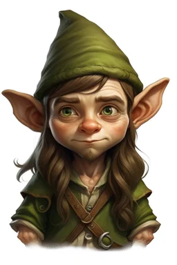 jugendlicher, männlicher Gnom, langes braunes Haar, dicke Nase, grüne Augen Druide