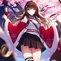 Clear focus,8k,Beatiful Lighting,Beatiful Blur,Beatiful Shading,Brown long hair,fluffy hair, long fluffy bangs, Brown eyes, wearing a top half of a kimono but under is a short skirt, cherry blossom falling, detailed clothes, circles near the end of her sleeves, skirt gets darker,bandage near arm