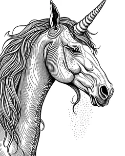 b/w mock up unicorn with two ears page low detail correct character white background wide mane