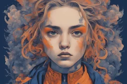 A beautiful portrait of a Singer Danish MØ face, painting by Katsushika Hokusai, beautiful cyberpunk, symmetry, hyperdetailed, illustration darkblue and orange tones,