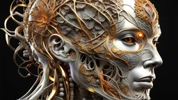 3D rendering of a head of an impressively detailed and complex hyper-realistic "human anatomy": scientific, single object, glossy white, shiny gold, vines, tribalism, black background, shamanism, cosmic fractals, octane rendering, 8k post-processing, detailed metallic bones, dendritic, artstation : Award Winning: Professional Portrait: Atmospheric: Commanding: Fantastic: Clarity: 16k: Ultra Quality: Astounding: Shine: Stunning Colors: Stunning Depth