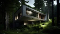 The image captures a modern house nestled in a dense forest, showcasing architectural exterior brutalism with its stark geometric shapes and concrete facade. The photo emphasizes the contrast between the man-made structure and the natural surroundings, creating a striking visual impact. The composition is balanced, with the house positioned off-center to highlight the lush greenery of the forest. The lighting is soft and diffused, casting gentle shadows on the building and enhancing the overall