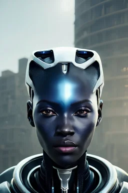 portrait,beautiful african robot, post-apocalyptic in a cyberpunk city, realistic, intriacte detail, sci-fi fantasy style, volumetric lighting, particales,highly detailed,cinamatic, deep