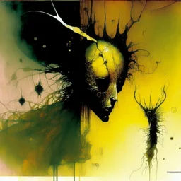 Strychnine Lovecraftian biomechanism, abstract surrealism, by Dave McKean and Stephen Gammell and VS Gaitonde, mind-bending illustration; warm colors, off-centered fragmented composition, dark shines war, acid burn colors