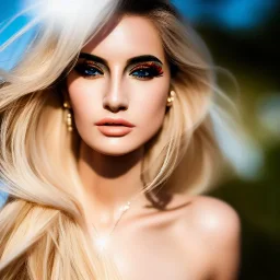 masterpiece, best quality, woman, sparkling eyes, fluorescent skin, blond flutter hair, highly detailed body, sun light, 4K, RAW, depth of field, high contrast, realistic details, 24mm