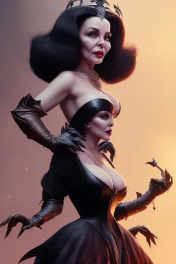 Joan Collins as evil queen in black leather, leather, busty, cleavage, angry, stern look. character design by cory loftis, fenghua zhong, ryohei hase, ismail inceoglu and ruan jia. unreal engine 5, artistic lighting, highly detailed, photorealistic, fantasy