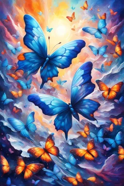 vibrant psychedelic oil painting image, airbrush, 64k, cartoon art image of background SAPPHIRE and WHITE BUTTERFLIES , futurism style