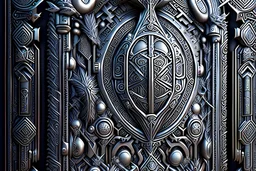 Expressively detailed and intricate 3d rendering of a hyperrealistic “metal ancient wall”: front view, shinning stainless steel, tribalism, pillar, gothic, shamanism, cosmic fractals, dystopian, dendritic, artstation: award-winning: professional portrait: atmospheric: commanding: fantastical: clarity: 16k: ultra quality: striking: brilliance: stunning colors: amazing depth: masterfully crafted.