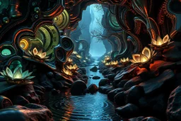photography of a sci-fi ecosystem. metallic recursive architectural elements merging with organic bioluminescent plant life. The water in the nearby stream shows impossible fractal ripples and metallic sheen. Intricate procedural patterns, high-tech nature, hard-surface modeling aesthetics mixed with soft organic curves, subsurface scattering on petals, high-gloss metallic reflections, 4k, Octane Render style.