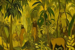 A brown jungle with bananas designed in cave paintings painted by Paul Gauguin