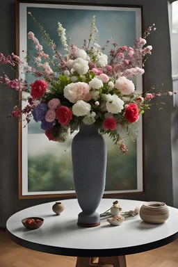 sunny summer day at 10 a.m. volumetric lightning, professional studio photography with Leica Hermes Edition M7 camera of intricate qwilling floral bouquet in a metamodernist knit vase on brutalist knit table, contemporary urban art gallery context, hyper detailed, hyperrealistic, intricate details, inspired by Cecilia Paredes, eye-catching, vivid