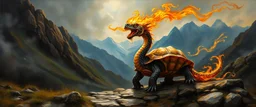 master oil painting by Rembrandt, good afternoon turtle dragon with fire breath, in mountain pass