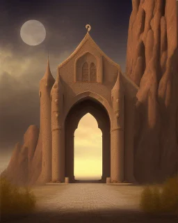 A gothic_arab gate with a view of a desert landscape