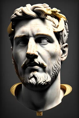 Ultra Realistic image, Roman sculpture bust, clean white marble material, Lionel Messi, gold Laurel leaves wreath, renaissance ornaments, one gold star, blue sky background, waist up portrait, epic, celestial, cinematic lighting, god light, 4k resolution, smooth details, ornate details, soft lighting, unreal engine 5, art station, substance 3d, art concept.