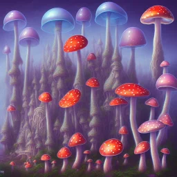 psychedelic mushrooms and flying jelly fish and antic city in the background