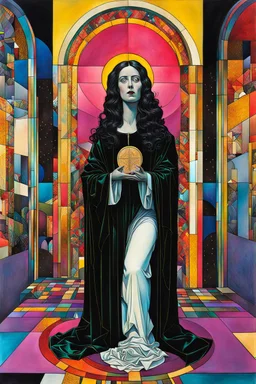 Create chaotic abstract cubist full body religious triptych depicting a martyred goth Saint Agatha of Sicily, with highly detailed facial features, in the style of Bill Sienkiewicz, Philippe Druillet, Gustav Klimt, and Jean Giraud Moebius, precisely drawn, colored and inked