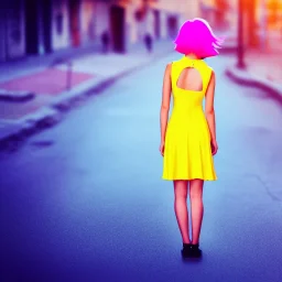 Beautiful lonely girl who walks along a street without people at dawn. You see her from behind. She wears very short yellow dress. She has short pink hair with glowing crystals. Full body, 8k resolution concept art. Professional Photo HD. Stylish. Warm vivid colors. Panoramic