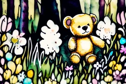 close-up of a cute chibi teddy bear packing piles of white clothes in the forest, laundry machine, grass and flowers next to him, melting watercolour and black ink outlines on wet paper, photorealistic, golden glitters S<AI in sunshine, ethereal, cinematic postprocessing