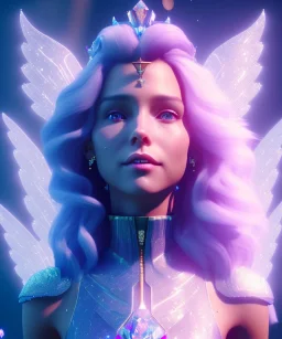 A smiling crystalised queen, atmospheric, realistic, unreal engine, cinematic lighting, octane render. blue, pink, transparency, light, shine,bright, full body, transparent wings, blonde, long hair, nice smile