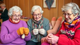 Elderly pensioners knitting colorful jumpers, gloves, scarves, and socks from wool. Everyone is happy. Photographic quality and detail, award-winning image, beautiful composition.