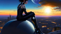 A white woman with black hair, in an android-looking catsuit, sitting on a rock, sideways, with Saturn planet behind her, filling most of the sky, a futuristic city on the horizon, evening sunlight