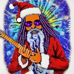 TRIPPY, ACID, LSD, WOODSTOCK, hippie Santa playing electric guitar, psychedelic, peace sign, MUSHROOMS, dreadlocks